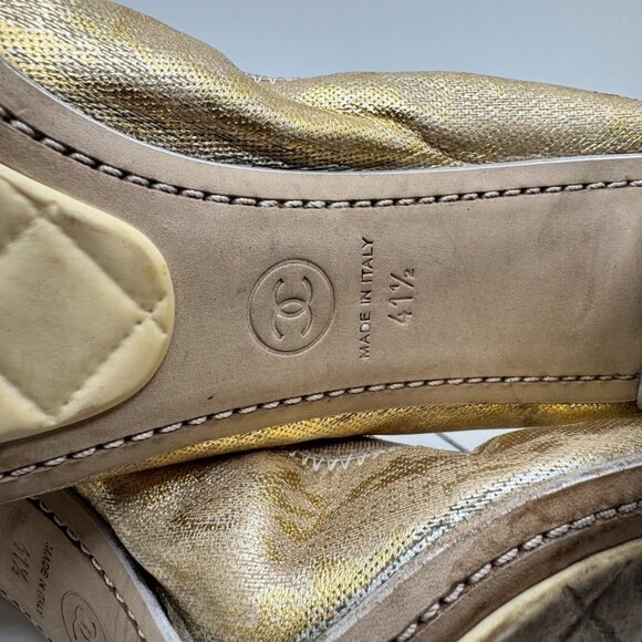 Chanel Scrunch Pumps Suede Cap Toe Leather Rubber Sole Slip-On Gold/Grey 41.5 - Picture 13 of 16